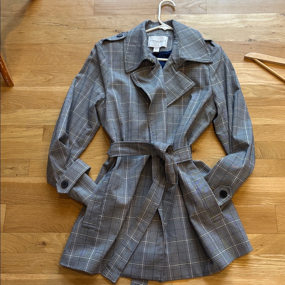 Carolina Belle Gray Plaid Belted Trench Jacket